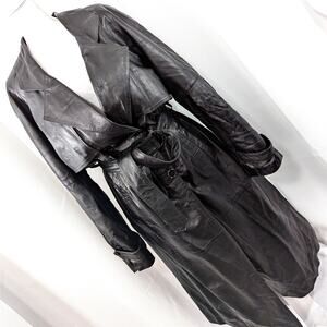 4 OPENERS! LUXE, FULL LENGTH GENUINE BLACK LEATHER TRENCHCOAT, OVERCOAT! SZ L